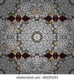 Seamless royal luxury golden baroque damask vintage. Vector pattern background wallpaper with gold antique floral medieval decorative flowers, leaves and gold pattern ornaments on brown background.