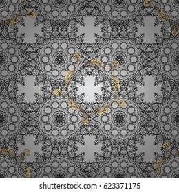 Seamless royal luxury golden baroque damask vintage. Vector pattern background wallpaper with gold antique floral medieval decorative flowers, leaves and gold pattern ornaments on gray background.