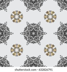 Seamless royal luxury golden baroque damask vintage. Vector pattern background wallpaper with gold antique floral medieval decorative flowers, leaves and gold pattern ornaments on gray background.