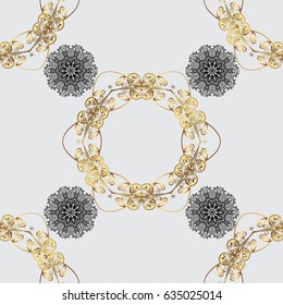 Seamless royal luxury golden baroque damask vintage. Vector pattern background wallpaper with gold antique floral medieval decorative flowers, leaves and gold pattern ornaments on gray background.