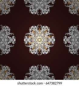 Seamless royal luxury golden baroque damask vintage. Vector pattern background wallpaper with gold antique floral medieval decorative flowers, leaves and gold pattern ornaments on brown background.