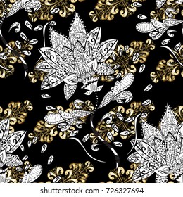 Seamless royal luxury golden baroque damask vintage. Vector pattern background wallpaper with gold antique floral medieval decorative flowers, leaves and gold pattern on black, white and gray colors.