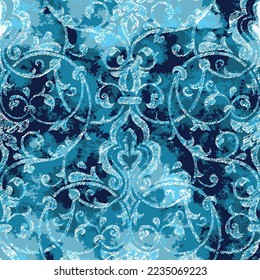 Seamless royal Pattern Floral ornament decoration. Victorian engraved retro design. Vintage grunge fabric decors. Luxury fabrics. Rococo texture pattern, Vector damask in blue 