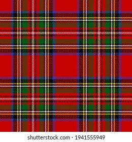 Seamless Royal Stewart tartan plaid pattern. Christmas and New Year pixel check vector in red, blue, green, yellow, black, white for gift paper, tablecloth, other modern winter textile print.