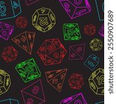 Seamless RPG dice outline colourful pattern with black background
