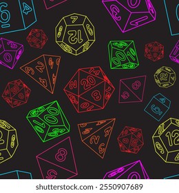 Seamless RPG dice outline colourful pattern with black background