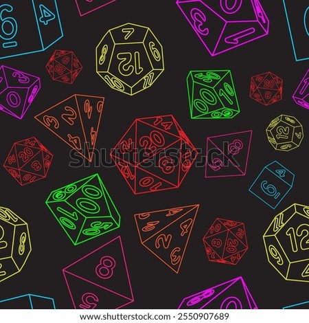 Seamless RPG dice outline colourful pattern with black background