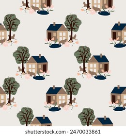 seamless  rural pattern with house, chickens and trees. Vector design for paper, fabric and other surface