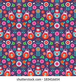 Seamless russian doll matryoshka illustration folklore flowers background pattern in vector