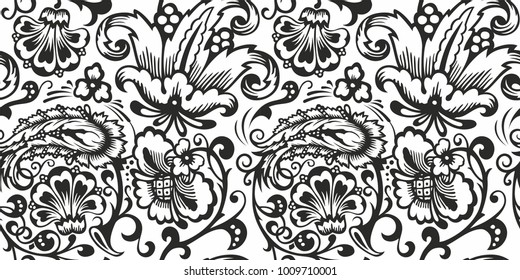Seamless Russian pattern .Vintage Ornament vector. Russian style ornament engraving border floral retro pattern. Foliage swirl decorative design element filigree