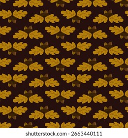 Seamless rustic acorn pattern with yellow oak leaves on a solid dark brown background. Perfect for fabric prints, autumn textiles, and cozy cottage style home decor.