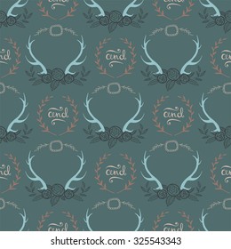 Seamless rustic  background with deer horns and branches on grey background. vector illustration