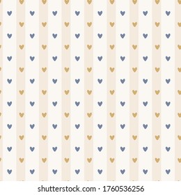 Seamless Rustic French Farmhouse Heart Stripe Pattern Background . Provence Linen Shabby Chic Style.  Classic Yellow Striped Vintage Textile All Over Print