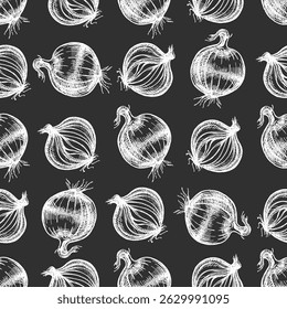 Seamless rustic pattern featuring hand drawn whole and cut onions in vintage engraving style. The white chalk lines on black background give a farmhouse kitchen feel.