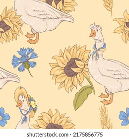 seamless rustic pattern with geese, sunflowers and cornflowers