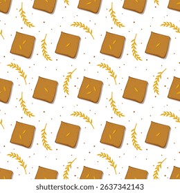 Seamless rustic pattern with rye bread slices, grains and wheat branches on white background. Food safety, healthy eating and natural food concept. Vector illustration.
