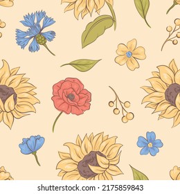 seamless rustic pattern with sunflowers, poppies, cornflowers and other flowers