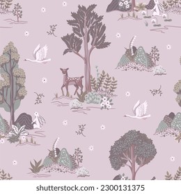 Seamless rustic pattern with trees, animals and plants. Vector