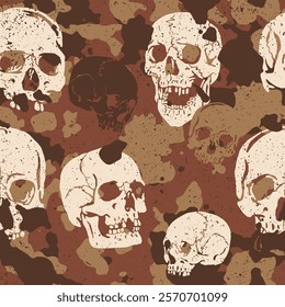 Seamless rusty brown grunge vector camouflage pattern with human skulls incorporated