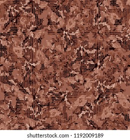 Seamless rusty camouflage on a background of rhombuses which are depicted by wavy lines.