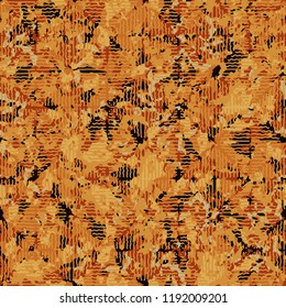 Seamless rusty camouflage on a background of rhombuses which are depicted by wavy lines.