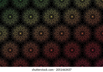 Seamless Sacred Geometry Seed of life gradient color pattern background. Logo flower of life texture Geometric mystic mandala of alchemy esoteric flowers colorful line art. Vector black background