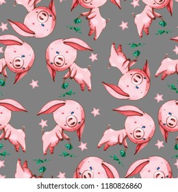 Seamless sad pink pig, smashed a New Year's glass green ball, on a gray background with pink stars.