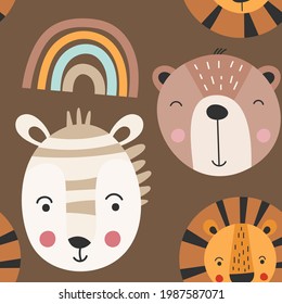 Seamless safari animals pattern kids design. Print your own fabric vector illustration. Safari animals zebra, lion, bear, rainbow.