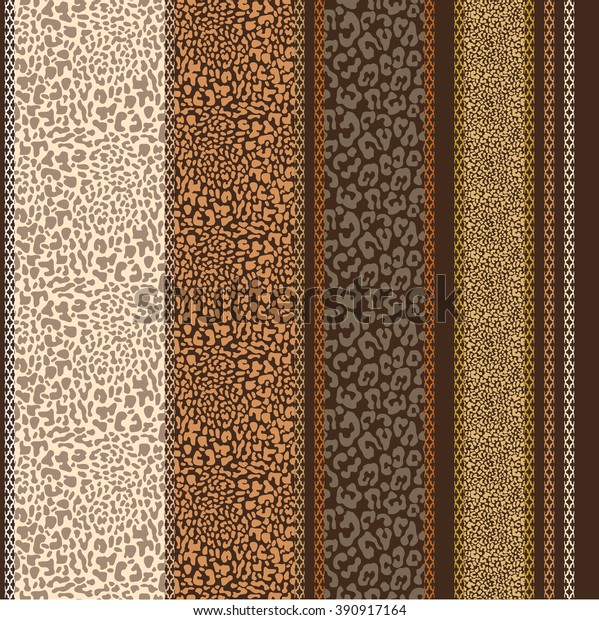 Seamless safari background. Stripped vector\
pattern. Leather effect. Leopard spots, reptile skin print. Brown,\
beige, golden shadows. Set of patterns. Textile, wallpaper,\
packaging. Art deco\
borders.