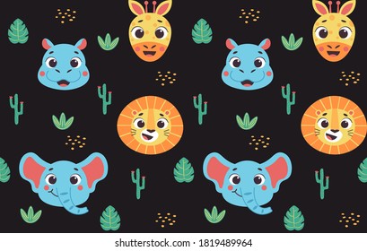 Seamless safari nursery pattern with cute animals faces vector print for fabric, wrapping, textile, wallpaper, apparel on black background