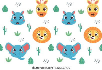 Seamless safari nursery pattern with cute animals faces vector print for fabric, wrapping, textile, wallpaper, apparel on white background