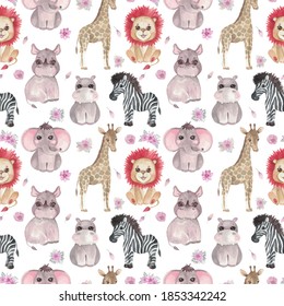 Seamless Safari pattern of animals and flowers on a white background. Kids design Giraffe Zebra Elephant Hippo Rhino