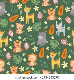 Seamless safari pattern with animals and tropical fruits. cute pattern with baby animals of Africa. Tropical background for toddlers