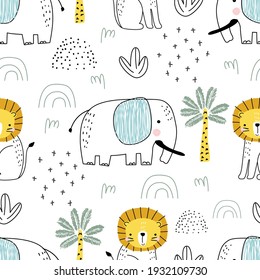 Seamless safari pattern of blue elephant and lion cub on white background. Vector illustration for printing on packaging paper, fabric, postcard, clothing. Cute children's background