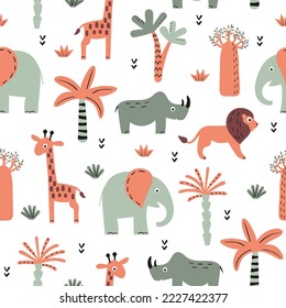 Seamless safari pattern with cute animals - elephant, rhino, giraffe and lion. Vector Africa illustration for kids