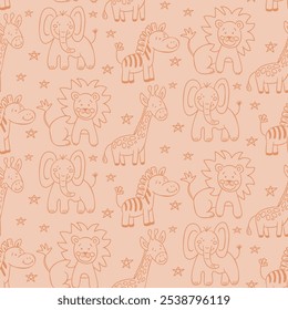 Seamless safari pattern with cute doodles of animals like lions, elephants, giraffes, and zebras on soft peach background, ideal for children designs and fabric. Vector hand drawn illustration