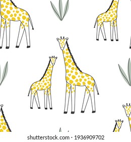 Seamless safari pattern with giraffe animals on white background. Vector illustration for printing on fabric, packaging paper, clothing. Cute baby background.