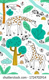 Nahtlose Safari-Muster. Dschungeltiere mit tropischer Vegetation. Vector Textur in kindischem Stil ideal für Stoff und Textilien, Tapeten, Hintergründe, Karten Design
