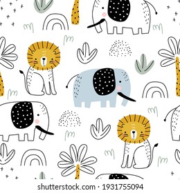Seamless safari pattern with lion, elephant and palm trees on white background. Vector illustration for printing on packaging paper, fabric, postcard, clothing. Cute children's background.