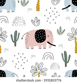 Seamless safari pattern with pink and blue elephant, cactus and palm trees on white background. Vector illustration for printing on packaging paper, fabric, postcard, clothing. 