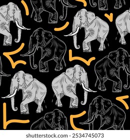 Seamless safari-inspired pattern with grey elephants and sketchy elephant outlines on a black background accented with vibrant orange details, perfect for modern textile design, wallpaper, trendy