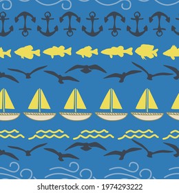 Seamless sailboat, anchor, seagull and fish themed vector print design for kids