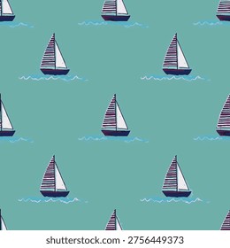 Seamless sailboat pattern, teal textile background, nautical decorative vector design