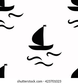 seamless sailboat pattern with waves, vector illustration