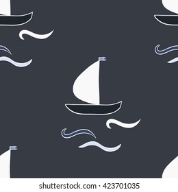 seamless sailboat pattern with waves, vector illustration