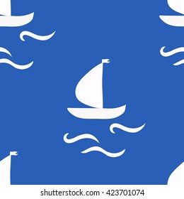 seamless sailboat pattern with waves, vector illustration