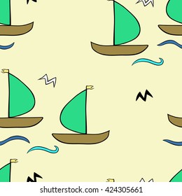 seamless sailboat pattern with waves, vector illustration