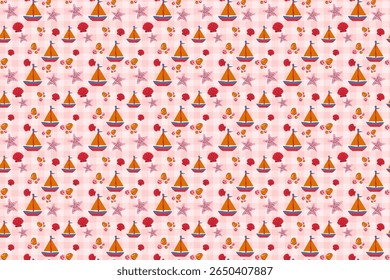 Seamless sailboats starfish seashells pattern with swatch template in swatches panel, cute pink marine gingham vector background

