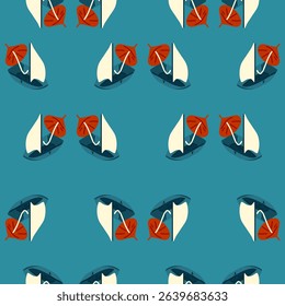 Seamless Sailing Boat Pattern. Seamless pattern with sailboats and tropical red leaves on a dark teal background. Flat vector style with minimalist summer and travel theme.
