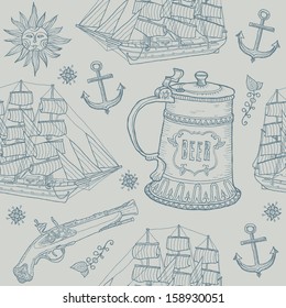  seamless, with a sailing ship, old weapons and a glass of beer. perfect for menu tavern, restaurant and pub